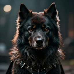 An evil dog as the joker from the film batman. Very, very gorgeous digital art. Film poster. Trending on ArtStation. Backlit fur, bokeh, cinematic lighting. fine details, 50mm f/2.8 , high quality, 4k wallpaper, incredibly detailed fine fur hairs. award winning masterpiece