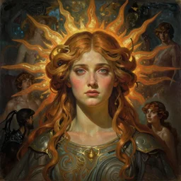 stunning, breathtaking, awe-inspiring award-winning concept art nouveau painting of attractive Madison Lintz as the goddess of the sun, with anxious, piercing eyes, by Alphonse Mucha, Michael Whelan, William Adolphe Bouguereau, John Williams Waterhouse, and Donato Giancola, cyberpunk, extremely moody lighting, glowing light and shadow, atmospheric, cinematic, 8K