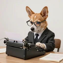 A humanoid dog writings a best selling story with a type writer, the dog is wearing a suit and reading glass, Digital art,