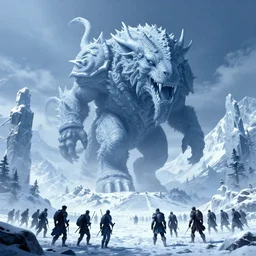 a gargantuan revenant looming over a party of adventurers, in the snow mountains, high fantasy, monochromatic blue, smooth, sharp focus, high fantasy, dnd, by rossdraws, artstationhd