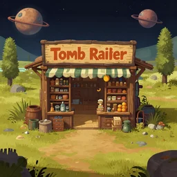 in front of a ( ( general store ) ) in a remote outpost, on an alien planet, from a space themed point and click 2 d graphic adventure game, set design inspired slightly by [ [ [ [ tomb raider ] ] ] ], art inspired by [ [ [ [ [ [ thomas kinkade ] ] ] ] ] ] and greg rutkowski