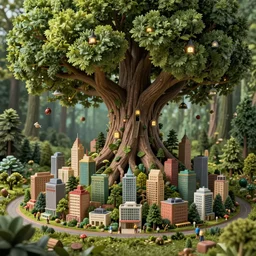 a miniature city built into the trunk of a single colossal tree in the forest, with tiny people, in the style of ralph horsley, lit windows, close - up, low angle, wide angle, awe - inspiring, highly detailed digital art