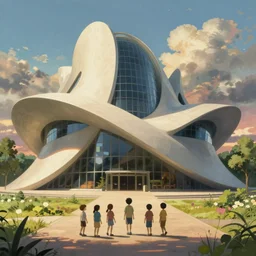 a zaha hadid building with kids in front in a studio ghibli landscape. breathtaking view.