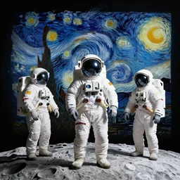Astronauts between the moon and the Earth, Van Gogh style.