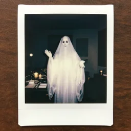 coloured atmospheric polaroid photo of a realistic wraith figure in a dining room low light atmospheric
