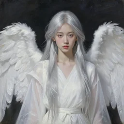 thin young beautiful angel with silver hair so long, pale!, wearing white robes!, wearing silver hair, silver angel wings, young adorable korean face, silver hair!!, oil on canvas, style of fernand khnopff, 4 k resolution, aesthetic!,