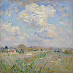 oil paint impasto reliefs summer sussex fields, atmospheric, painted with expressive paint and cumulus clouds, some splattered paint, in the style of monet and frank auerbach