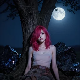 A beautiful woman basking in the moonlight, with medium length magenta hair covering an eye, tall tree, large obsidian chunks, cinematic lighting, dramatic atmosphere, by Dustin Nguyen, Akihiko Yoshida, Greg Tocchini, Greg Rutkowski, Cliff Chiang, 4k resolution, trending on artstation