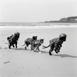 kitten soldiers storming normandy beach, black and white, photo, documentary - n 4