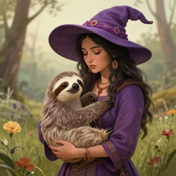a cottagecore indian witch holding a cute sloth, highly detailed, masterpiece, illustrated, art by rebecca guay