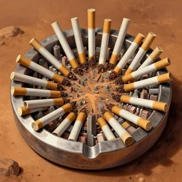 a giant brutality ashtray city filled with giant cigarettes on mars, symmetrical!!, intricate, ugly highly detailed, centered, digital painting, artstation, concept art, smooth, sharp focus, illustration, artgerm, tomasz alen kopera, peter mohrbacher, donato giancola, joseph christian leyendecker, wlop, boris vallejo