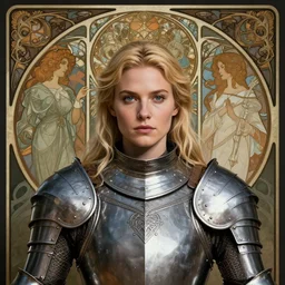 masterpiece head-on symmetrical centered portrait, Elisha Cuthbert as a D&D warrior, medieval era, blonde hair, full steel armour, art nouveau, gothic, elegant, distant, in the style of Edgar Maxence and Ross Tran and Zdzisław Beksiński and Michael Whelan and Mucha and Gustave Doré, specular highlights, 8k, octane render