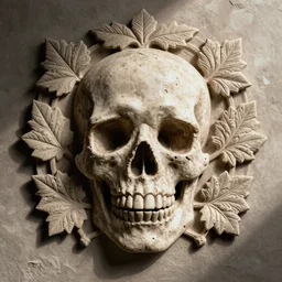 hyper realistic photography of intricate renaissance skull ornament relief leaves, cinematic, symmetric detailed, artstation, cgsociety