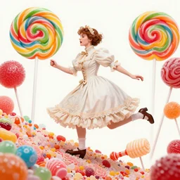 portrait of a victorian woman, running up a hill of exotic candies in candyland, giant multicolored lollipops, giant suckers, giant gumdrops, exotic candies, from behind, Castle in distance, birds in the sky, sunlight and rays of light shining through trees, beautiful, solarpunk!!!, highly detailed, digital painting by Michael Garmash and Peter Mohrbacher
