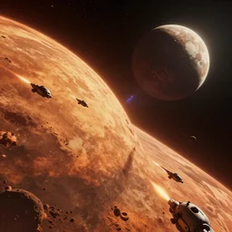 UE5 renders epic space battle in atmosphere of Mars, in the style of Robert McCall by Jim Burns, 4k, 8k, HD, trending on artstation, lens flare lighting