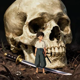 a beautiful masterpiece of a boy standing, giant skull laying deep in the ground, samurai sword, anime, studio ghibli, unreal engine, realistic shaded lighting, junji ito, by junji ito, fine detail, dramatic, atmospheric, trending on artstation, rich colours