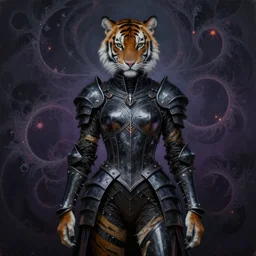 tom bagshaw, soft painting fractal curiosities carnival, very beautiful female tigress mutation in full nightshade gothic armor, accurate features, focus, very intricate ultrafine details, black white purple volumetric clouds, award winning masterpiece, octane render 8 k hd