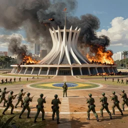 revolution in brasilia, soldiers fighting around planalto palace, planato palace burned, digital painting, trending on artstation, very realistic, deviantart, epic composition, extremely detailed, cinematic lighting, masterpiece, sharp focus, octane render