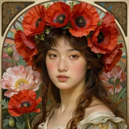 Pre-raphaelite portrait painting of a beautiful asian girl with freckles, wearing a flower headpiece made of red poppies, surrounded by big flowers, porcelain skin, cinematic lighting, photo realistic, highly detailed, maya, digital painting, artstation, concept art, sharp focus, illustration, by Mucha
