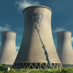 a wholesome animation key shot of a futuristic science fiction nuclear cooling tower, highly detailed, realistic by studio ghibli, animation, sharp, rendered in unreal engine 5, focused, anime key art by greg rutkowski, high contrast, dramatic lighting