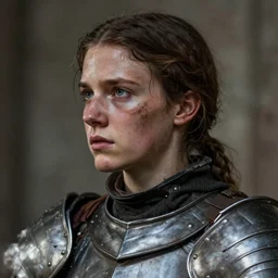 close - up portrait of a young joan of arc in armor, with a dirty and sweaty face, determined expression, in profile, realistic shaded, dramatic lighting, concept art, hyper detailed, trending on artstation, by christophe young, by wlop, by greg rutkowski, by raymond swanland