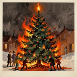 front - view of a christmas tree burning horrible christmas, limited neutral palette, by pascal campion, petros afshar, anton fadeev, dean ellis, randolph stanley hewton, beautiful graphic, propaganda poster art 1 9 7 0 s illustrated advertising art, painterly design