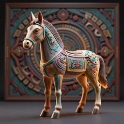 A photo-real delicate sculpture of an ornate detailed mule in front of a intricate background by AJ Fosik, micro detail, backlit lighting, octane renderer, colorful, physically based rendering, tribal art, trending on cgsociety
