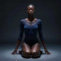 striking character concept portrait, black caviar, sitting down with knees together, dark blue leotard costume, curvaceous. detailed, high quality, dark lighting, very high contrast with dark background, fantasy, reflective, spotlight. digital artwork by artgerm and wlop and bob ross and greg rutkowski and alphonse mucha, trending on artstation