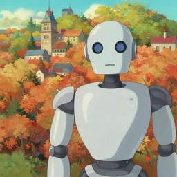 a close - film still of a disney style autumn forest city, close up at the robot, trending on pixiv fanbox, painted by greg rutkowski makoto shinkai takashi takeuchi studio ghibli, aki