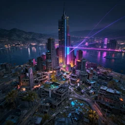 a beautiful ultradetailed highly detailed abandoned nature town city unfinished building by mike winkelmann, darkacademia landscape lake tundra retro neon noir san andreas at night bladerunner 2 0 4 9 laser vice city hyperrealism nightsky magic realism, archdaily, wallpaper, highly detailed, trending on artstation.