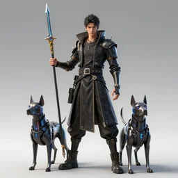 cyberpunk zhao yun holding a spear and a cyberpunk dog around him concept inspired chinese mythology, futuristic look, highly detailed body, very powerful, photorealistic camera shot, bright studio setting, studio lighting, crisp quality and light reflections, unreal engine 5 quality render