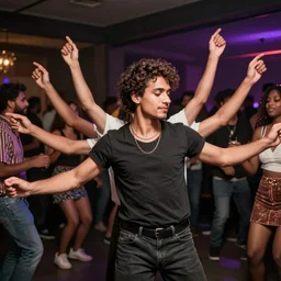 a beautiful human man with 4 arms dancing around at a party, photo realistic, high - quality