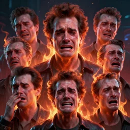 portrait of multiple john candies crying in pain, burning in the metaverse, cyberpunk, digital art, trending on artstation, octane render