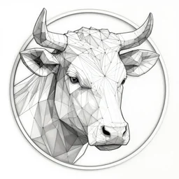 an art nouveau portrait of a cow head, low poly, outlined, connecting lines, black on white, line art
