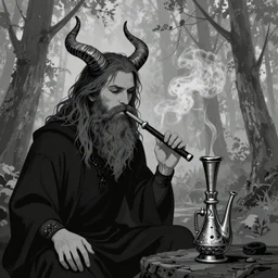 illustration of a man with horns and a long beard smoking from a bong, he is on the left of the image, there is a forest behind him grey, monochrome, album art, metal, full shot