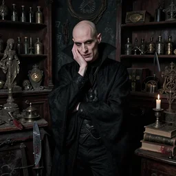 night portrait f / 1. 4 of a neurotic forty two year old british man vampire thin features feeling confidant in a cluttered dark room full of ancient artifacts ( ( ( bald ) ) ) tables shelves vials dark dusty statues runes magical arcane tools graffiti candlesticks drapery ritual bloody knife books atmospheric hdr