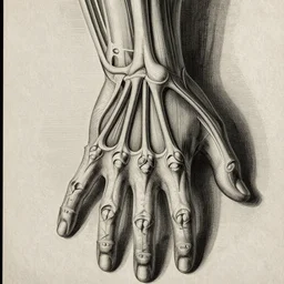 Vesalius engraving, detailed diagram of the tendons and musculature of the hand, close up