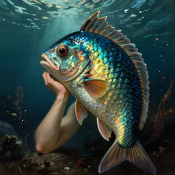 fish man, baroque painting, contemplating reality of the deep sea, human fish hybrid with gills and scales