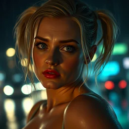 deep focus closeup headshot of seductive margo robbie as harley quinn in the rain, head tilted, curious, wet skin, bokeh, street lights, fog, bladerunner, backlit,, futurepunk, gta v, pinup, nagel, arney freytag, gil elvgren, dark moody, cinematic, greg rutkowski, octane!