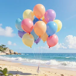 a lot of floating birthday balloons. beautiful beach in bretagne. digital art, highly - detailed, artstation cgsociety masterpiece