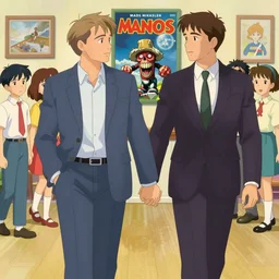 portrait of Mads Mikkelsen and Hugh Dancy holding hands romantically as they chaperone school dance by Michael Whelan, Bob Larkin and Tomer Hanuka, simple illustration, domestic, nostalgic, clean, full of details, by Makoto Shinkai and thomas kinkade, Matte painting, trending on artstation and unreal engine, 1980s romance book cover, 1990s horror book cover
