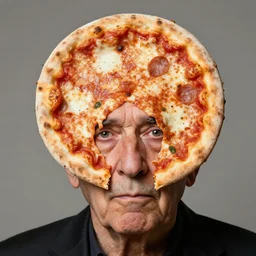 studio portrait of old man with a perfectly round head, shaped like a pizza, with a small face sticking through the center of a pizza margherita, disturbing reality, shocking revelation, unsettling, extremely detailed, soft lighting, sharp close - up, droopy eyes, exhibition, masterpiece by letizia battaglia