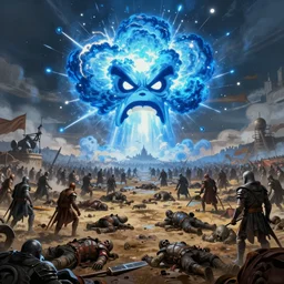 concept illustration of a bright blue explosion that looks like an angry face filling the sky above hundreds of dead warriors and dead monsters lying on a battlefield, wide angle, trending on artstation, digital art ( by brad rigney ) ( by greg rutkowski ) ( by artur treffner )