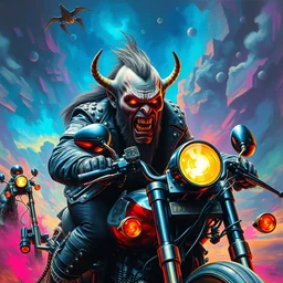 cinematic action shot of an apocalyptic scifi orcish biker character riding a motorcycle, psychedelic vibrant colors, highly detailed oil painting by michael whelan art, futuristic punk rock fashion, psycho character, perfect shouting face, sharp focus, detailed eyes, realistic, studded leather jacket, 8 k cover art