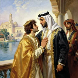attractive arab king confesses his love for his attractive male prince, in balcony of palace, above a river,. highly detailed painting by gaston bussiere, craig mullins, j. c. leyendecker