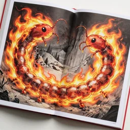 manga double spread illustration of a flaming centipede by yusuke murata