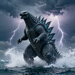 hyperrealistic photo of godzilla emerging from the ocean, thunder, dark storm lightning clouds, raging, big splash, droplets, closeup, telephoto zoom, ultra detailed, sharp focus, cinematic, 1 0 0 mm, dslr, 4 k