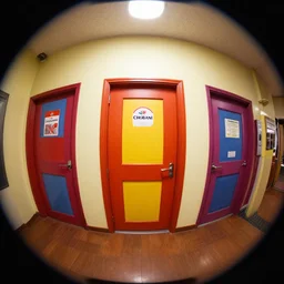 theatre access corridor background, 3 doors, fish eye, color, vibrant, by chobani