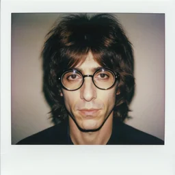 Polaroid Portrait of Andy Warhol wearing a Mick Jagger wig and circular framed glasses, taken in the 1970s, photo taken on a 1970s polaroid camera, grainy, real life, hyperrealistic, ultra realistic, realistic, highly detailed, epic, HD quality, 8k resolution, body and headshot, film still, front facing, front view, headshot and bodyshot, detailed face, very detailed face
