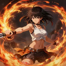 An ultra high-resolution 8K full-canvas scan of a digital painting of a anime girl wielding fire powers , fine art, trending, featured, 8k, photorealistic, dynamic, energetic, lively perspective, well-designed masterpiece, hyper detailed, unreal engine 5, IMAX quality, cinematic, epic lighting, light and shadow, ocean caustics, digital painting overlaid with aizome patterns, by Ohara Koson and Thomas Kinkade, traditional Japanese colors, superior quality